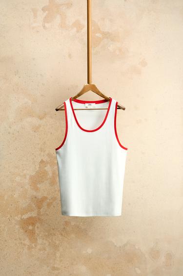 Zara CONTRAST RIB TANK TOP - Oyster-white