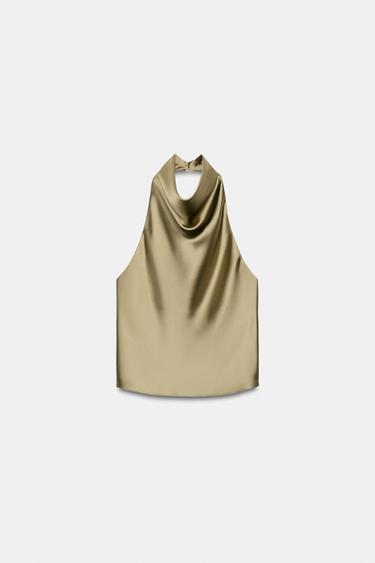 Zaras GLÄTTAD TOPP MED HALTERNECK - Ljus khaki