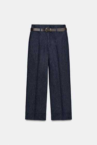 PANTALON AVEC CEINTURE ET BAS À REVERS - Indigo de Zara