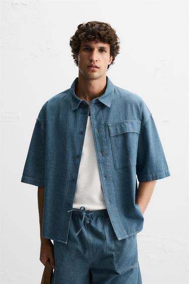 RELAXED FIT DENIM SHIRT - Blue / Green by Zara