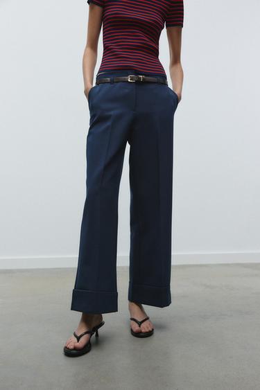 TURN-UP CUFF TROUSERS WITH BELT - Navy blue by Zara - Image 1