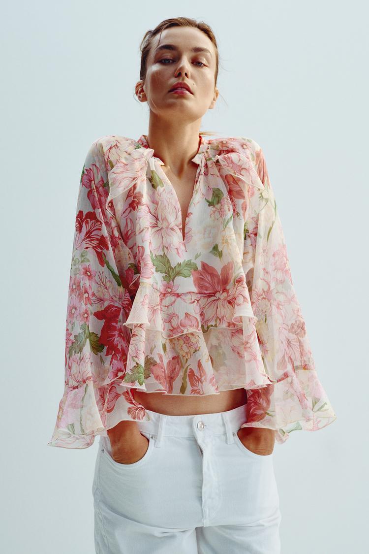 Long Sleeve Zara Sheer Floral Top FLORAL PRINT SHIRT WITH RUFFLE