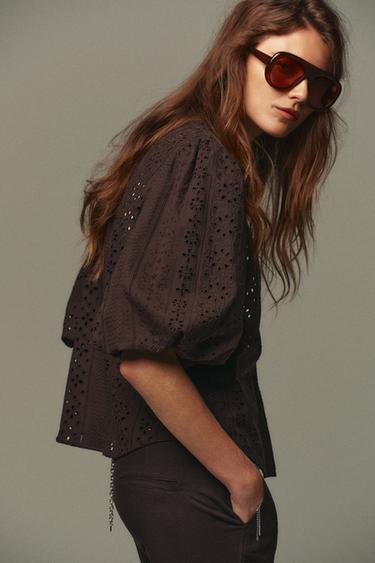 SHIRT WITH CUTWORK EMBROIDERY AND PUFF SLEEVES - Brown by Zara - Image 3