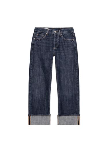 DŽÍNY TRF STRAIGHT FIT S OHRNUTÝM LEMEM A STŘEDNĚ VYSOKÝM PASEM - Tmavé indigo od Zara