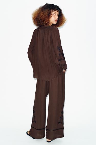 EMBROIDERED LACE TRIM SHIRT - Brown by Zara - Image 5