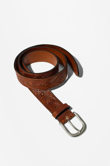 Zara 100% CARVED LEATHER BELT - Brown