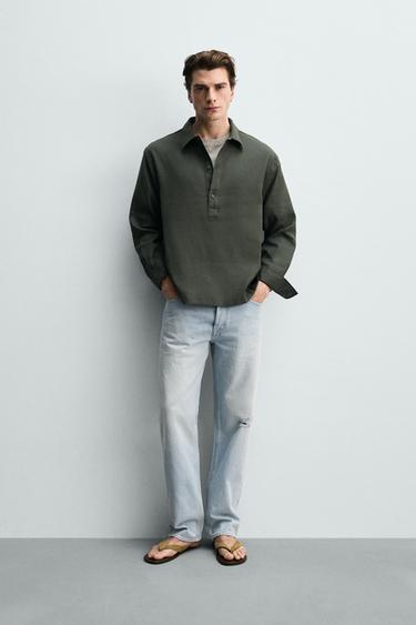 COTTON/LINEN POLO SHIRT - Dark khaki by Zara