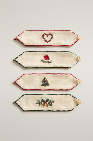 SET OF COTTON CHRISTMAS NAPKIN HOLDERS (SET OF 4) — Ecru 2