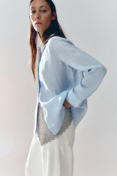 Zara 100% LINEN ZW COLLECTION SHIRT - Pastel blue