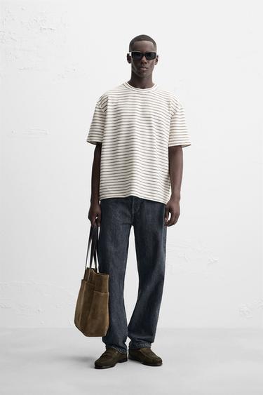 STRIPED JACQUARD T-SHIRT - Ecru / Navy by Zara - Image 0