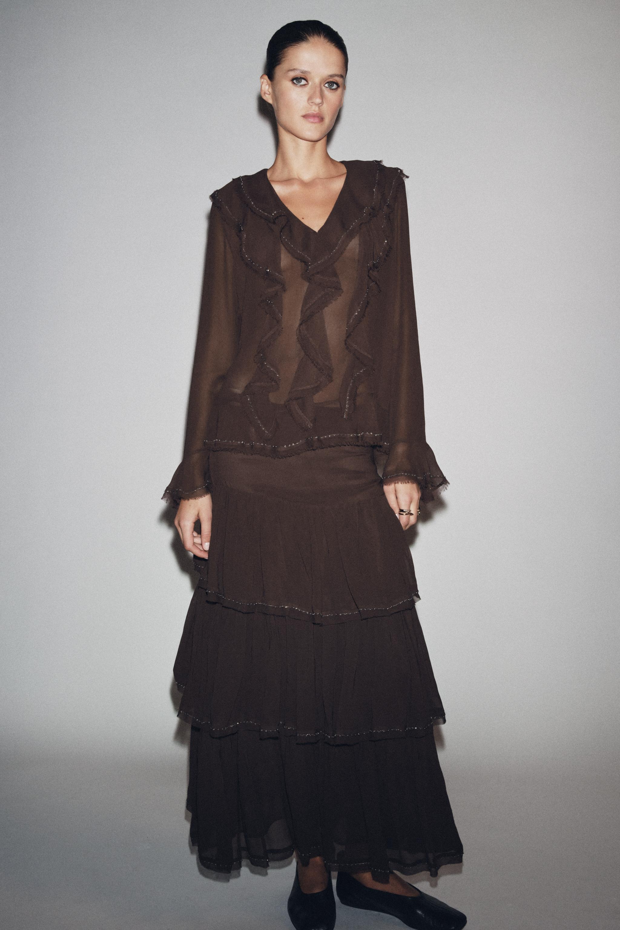 ZW COLLECTION BEADED RUFFLE BLOUSE - Brown | ZARA United States