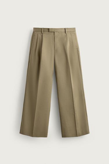 CALÇA PERNA LARGA COM PREGAS - Bege da Zara