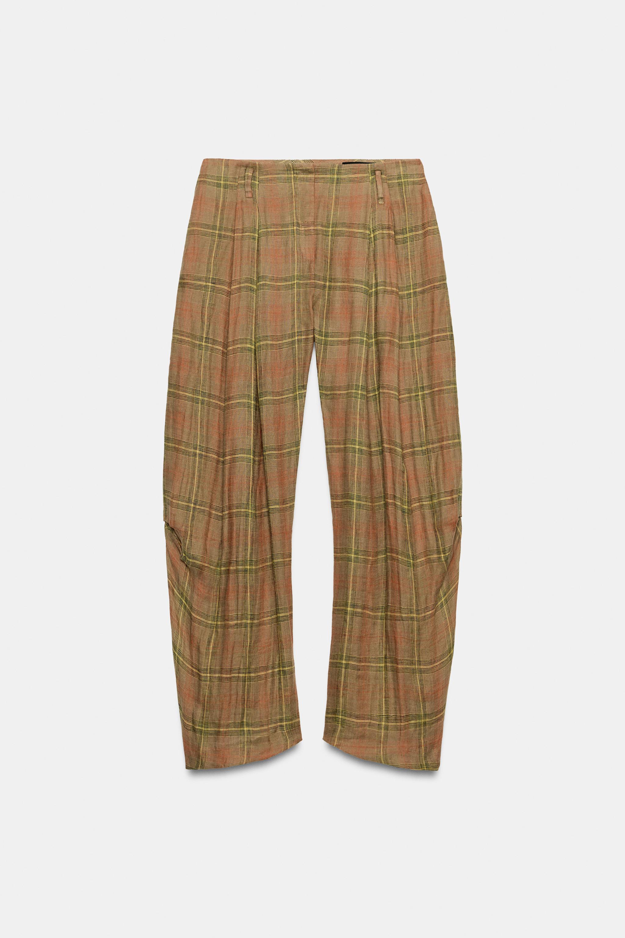 Zara ZW COLLECTION KARELİ KETEN PANTOLON görsel 3