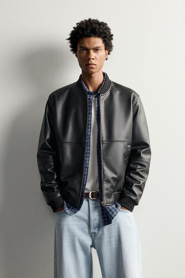 FAUX LEATHER BOMBER JACKET — Black 1