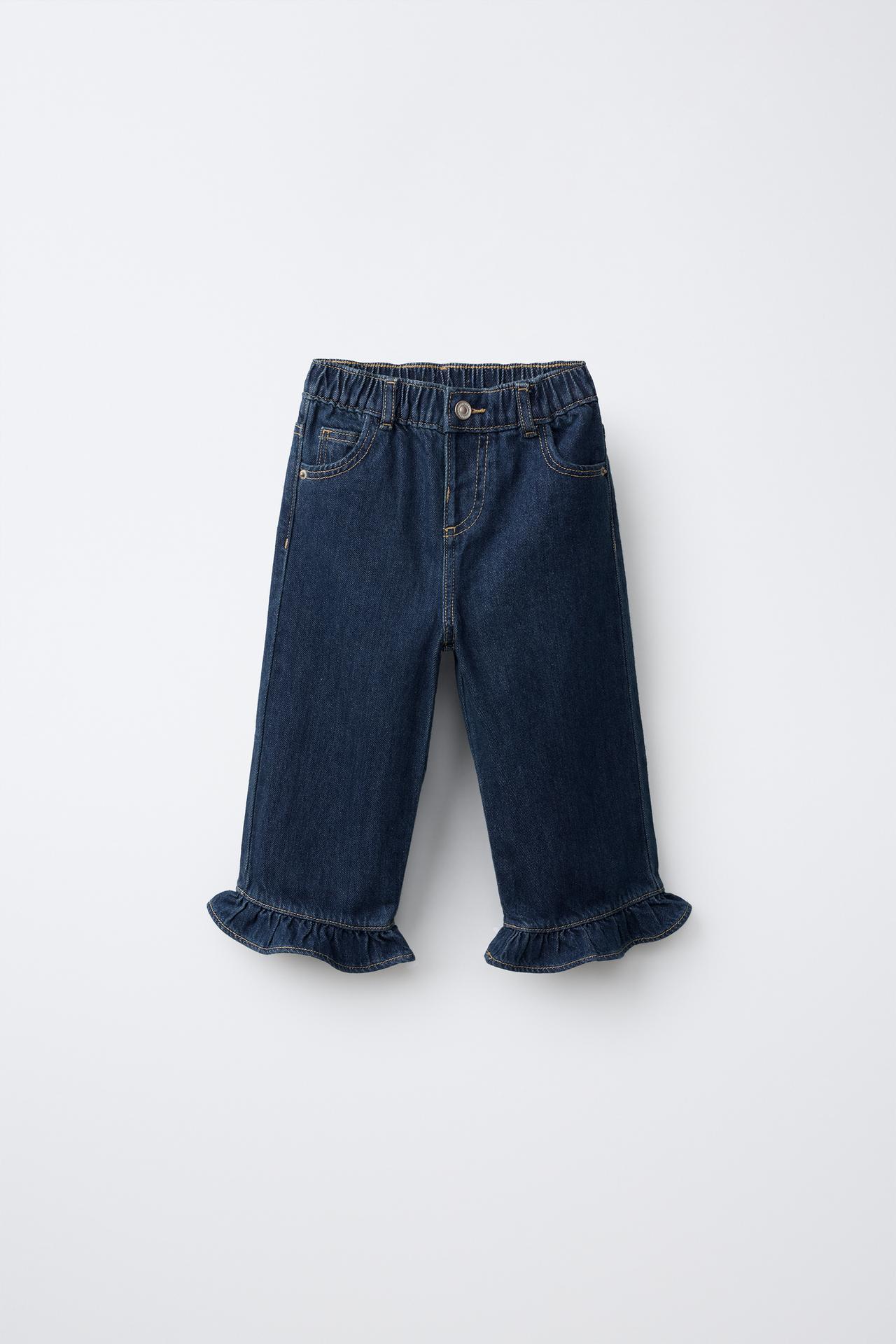 STRAIGHT LEG RUFFLED JEANS — Blue