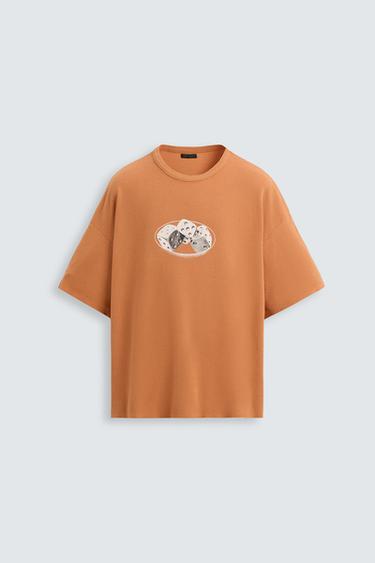CAMISETA PUNTO ESTAMPADO LAVADO - Naranja de Zara