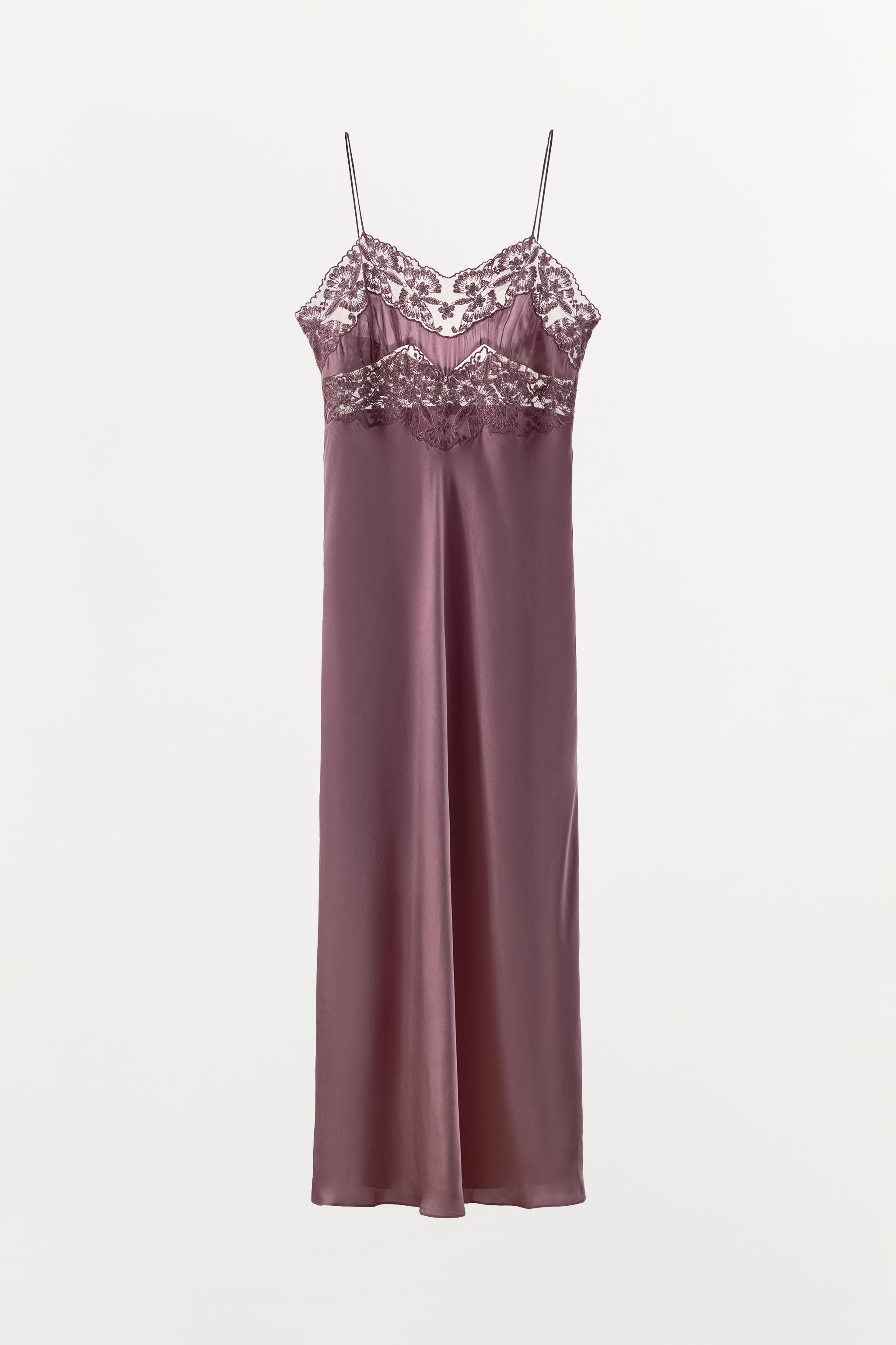 SATIN EFFECT EMBROIDERED LACE DRESS