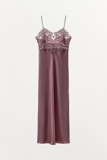 ROBE SATINÉE BRODERIES DENTELLE - Aubergine de Zara - Image 3