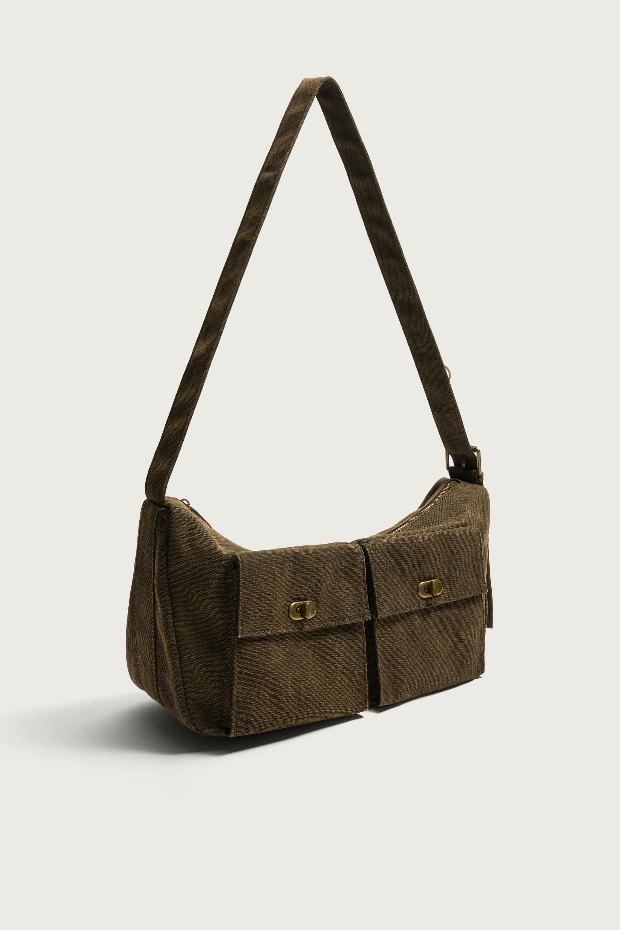 MULTI-POCKET FABRIC SHOULDER BAG — Brown