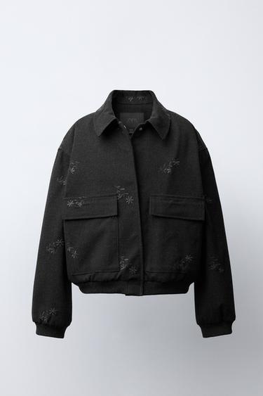 BOMBERJAKKE MED BRODEREDE BLOMSTER - Mørk antrasitt fra Zara