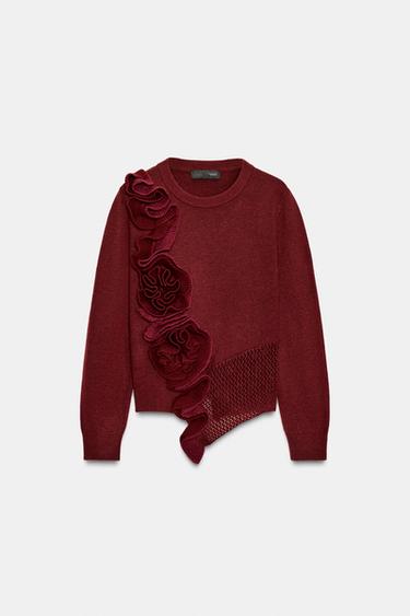 FLORAL TEXTURED KNIT JUMPER - Burgundy by Zara - Image 6