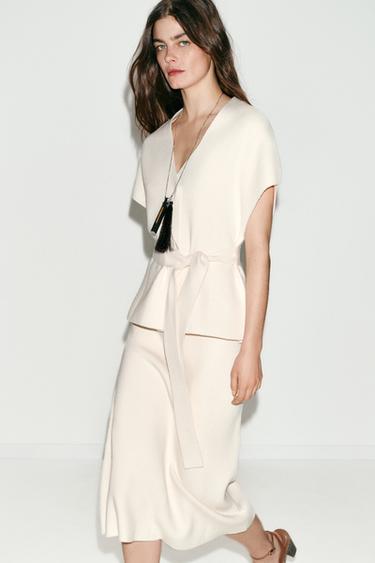 Zara KNIT MIDI SKIRT - Ecru