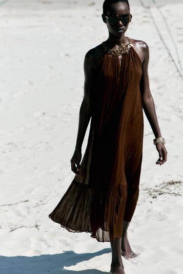 HALTER EYELET MIDI DRESS - Chocolate by Zara