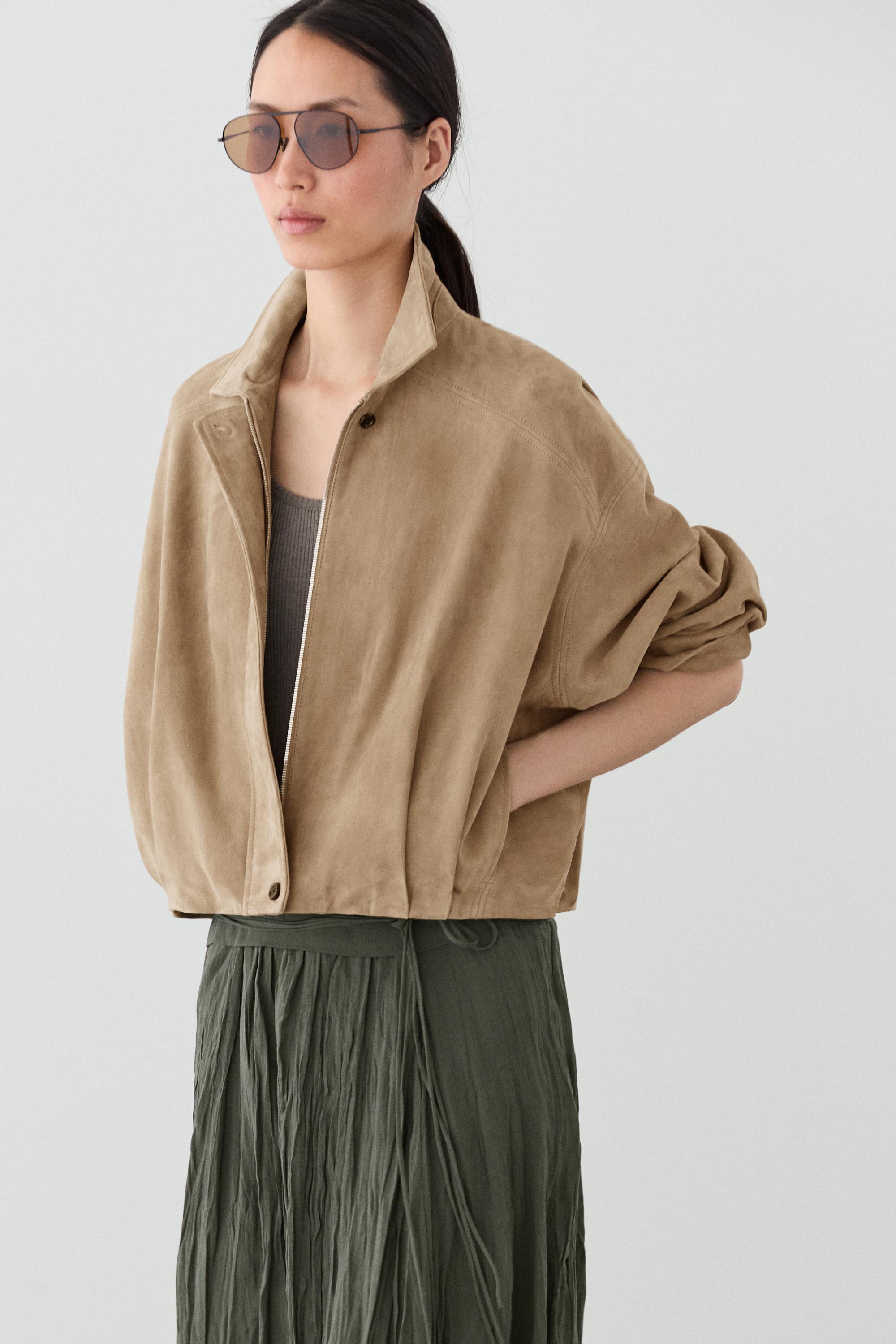 Blouson bomber plissé en cuir et daim