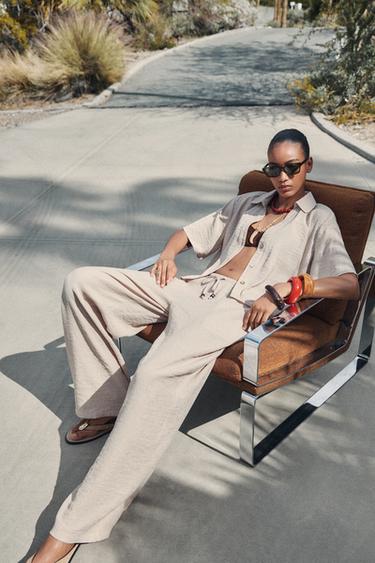 WIDE-LEG TROUSERS WITH ELASTIC WAIST - Sand by Zara