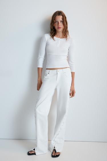 JEANS RECTOS CORDONES DENIM TRF TIRO MEDIO - Blanco de Zara - Imagen 0