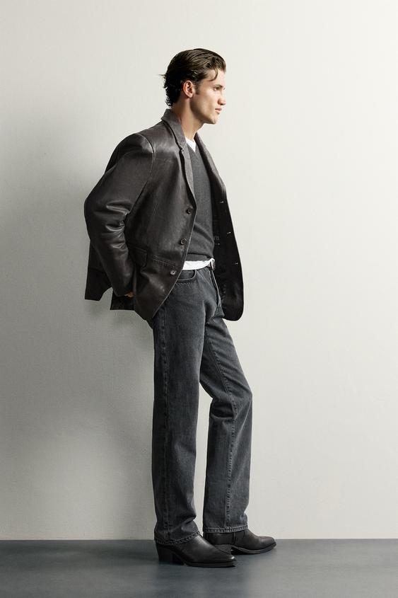 VESTE EN CUIR REGULAR FIT - Gris chiné de Zara - Image 3