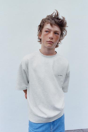 SHORT SLEEVE SWEATSHIRT WITH RAISED SLOGAN - Grey marl by Zara