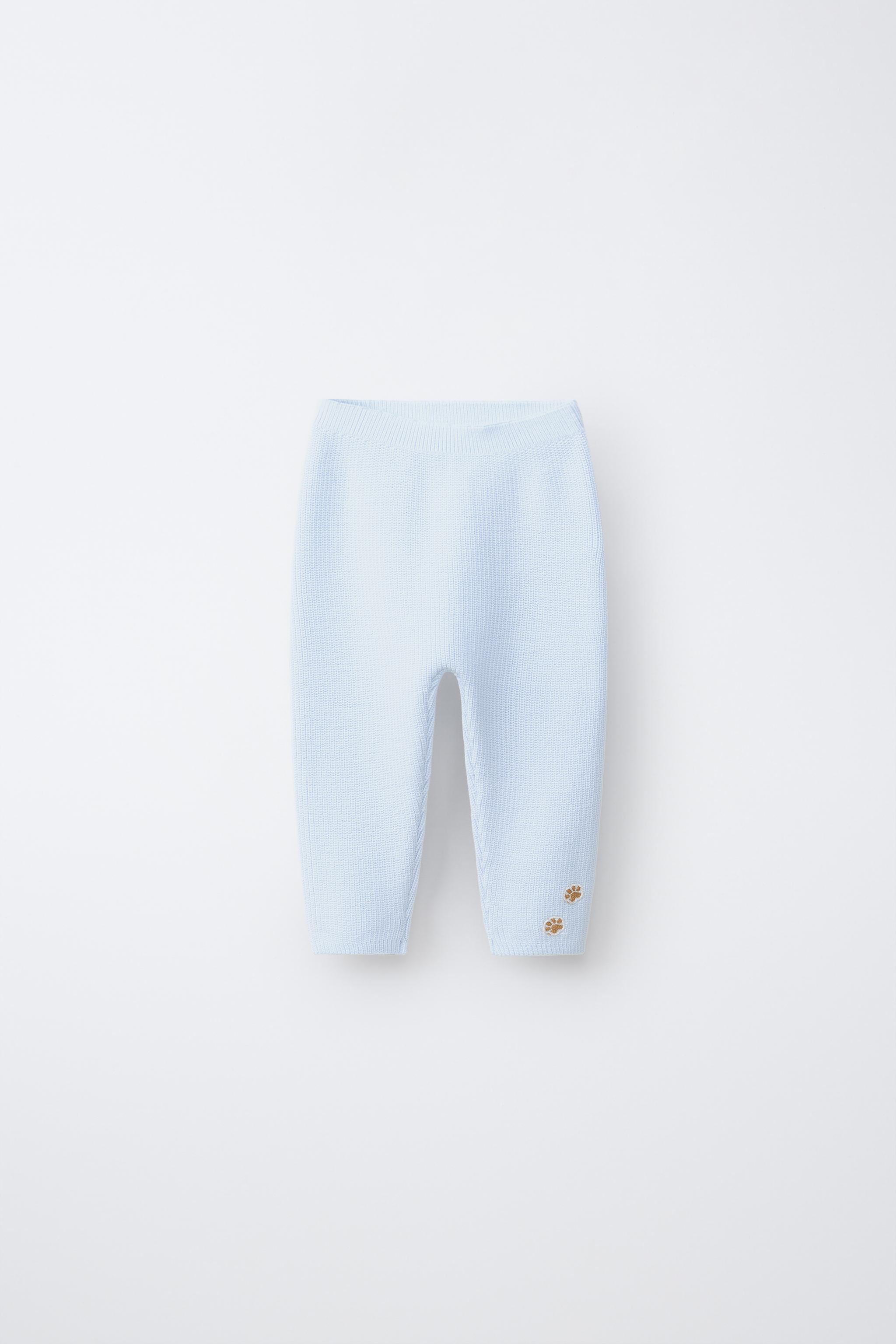 EMBROIDERED KNIT PANTS — Light blue