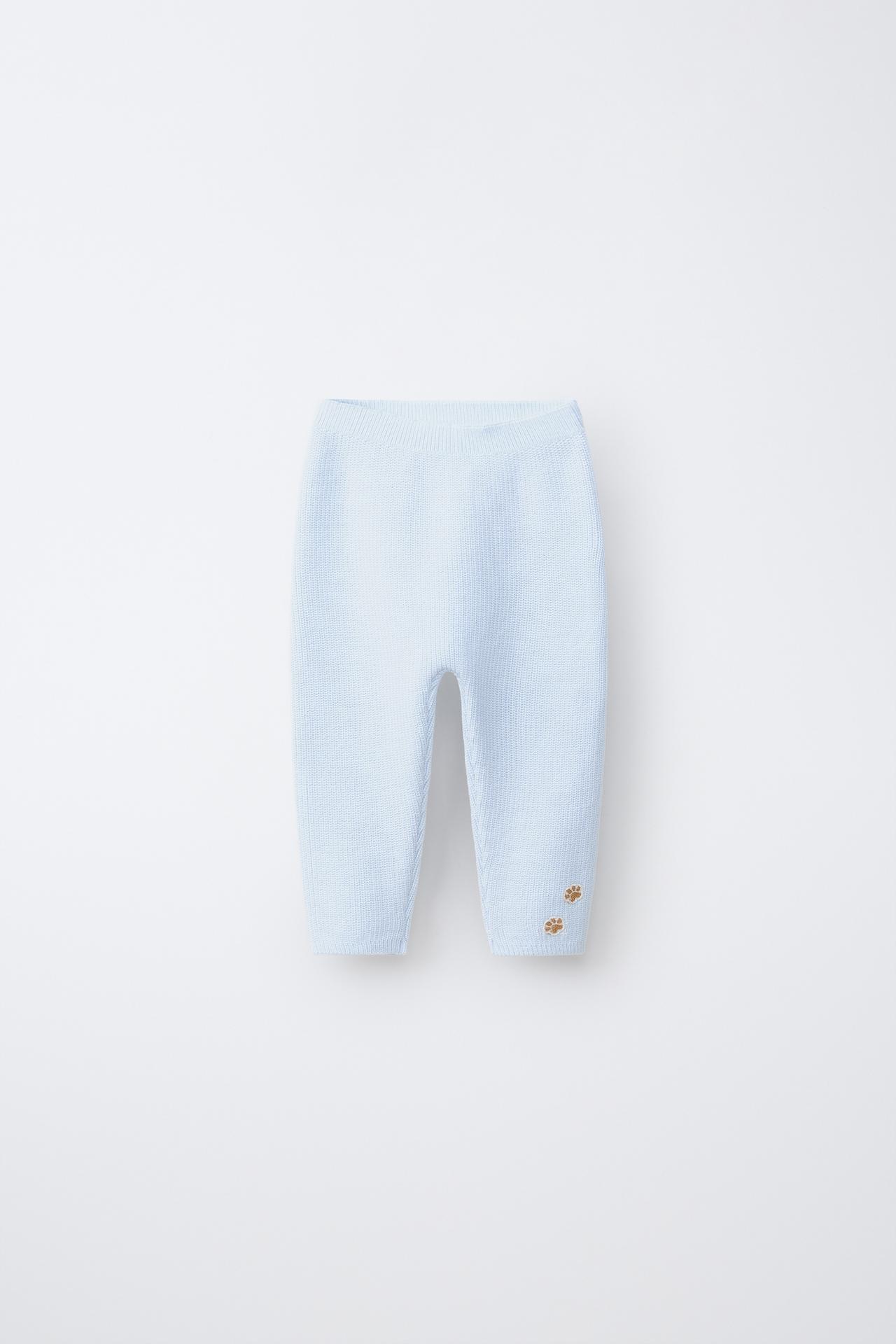 EMBROIDERED KNIT PANTS — Light blue