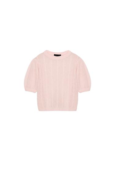 Zara 短袖羊毛麻花針織衫 - 淡粉紅色