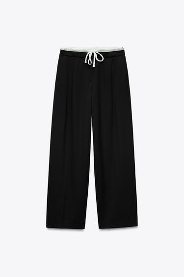 Zara DOUBLE WAIST WIDE LEG PANTS - Black