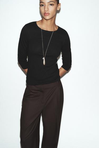 LINEN BLEND WASHED-EFFECT T-SHIRT - Black by Zara