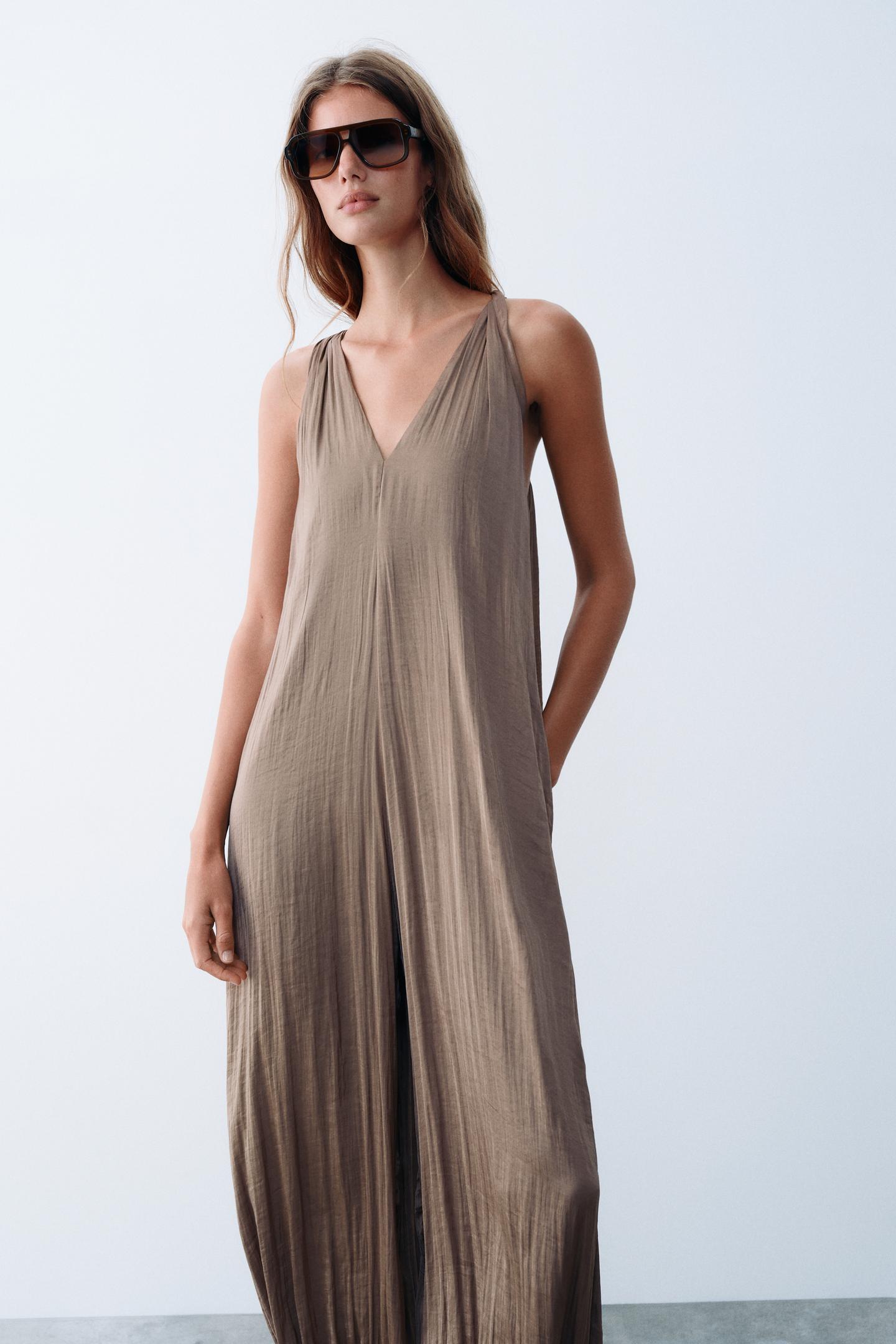 Женский комбинезон Zara Satin Jumpsuit, цвет: Коричневый / Серо-коричневый — фото 3