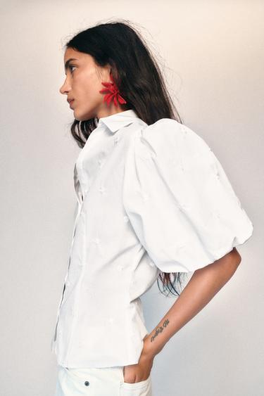 EMBROIDERED PUFF SLEEVE SHIRT - White by Zara