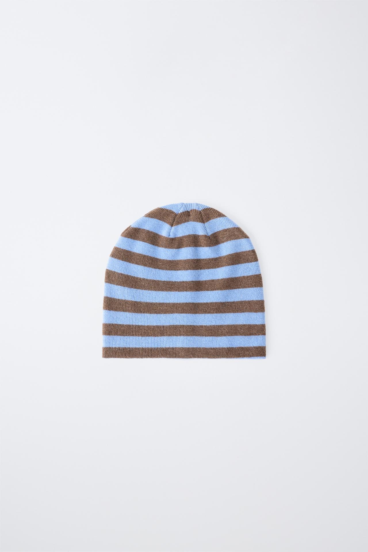 STRIPED KNIT BEANIE — Light blue