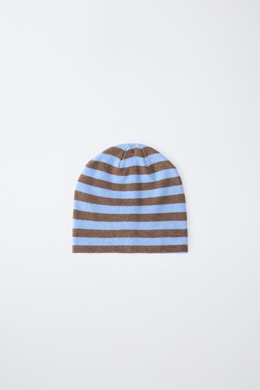 STRIPED KNIT BEANIE — Light blue 1