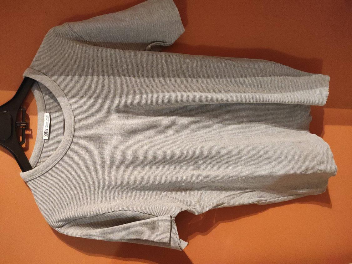 Grey short-sleeved t-shirt hanging on a black hanger against an orange wall. Visible label with text "ZARA".
