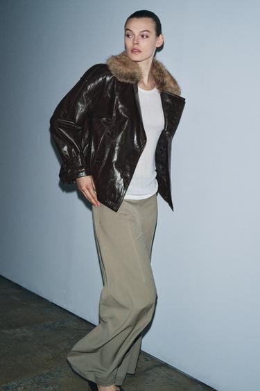 SHINY FAUX FUR COLLAR JACKET ZW COLLECTION - Brown by Zara