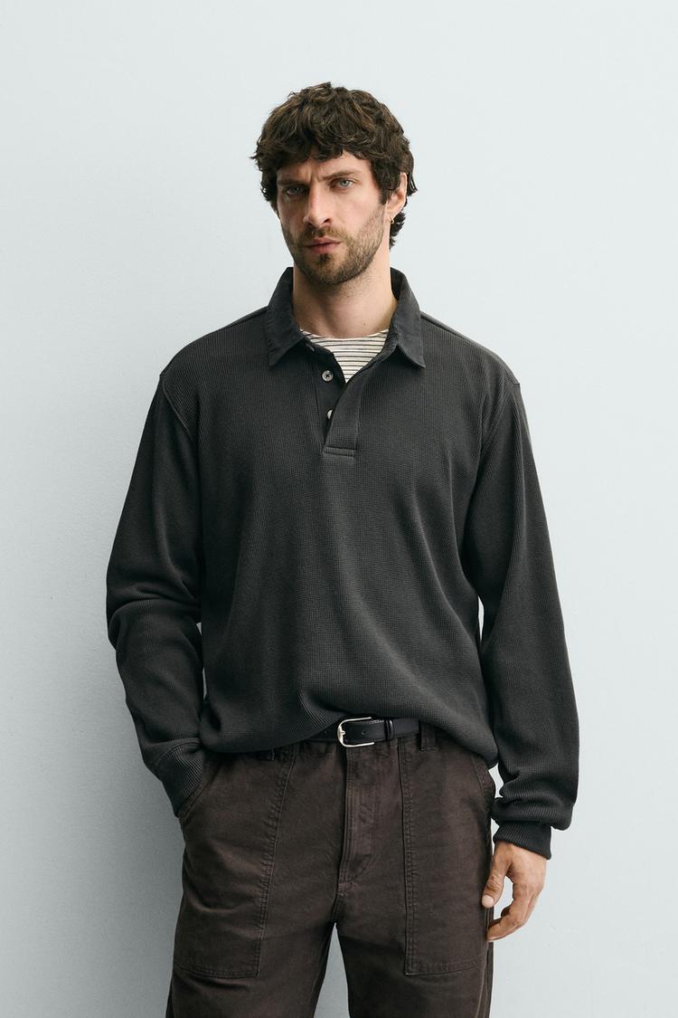 ZARA CONTRAST WAFFLE-KNIT RUGBY POLO SHIRT