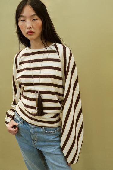 Zara STRIPED COTTON AND LINEN T-SHIRT - striped
