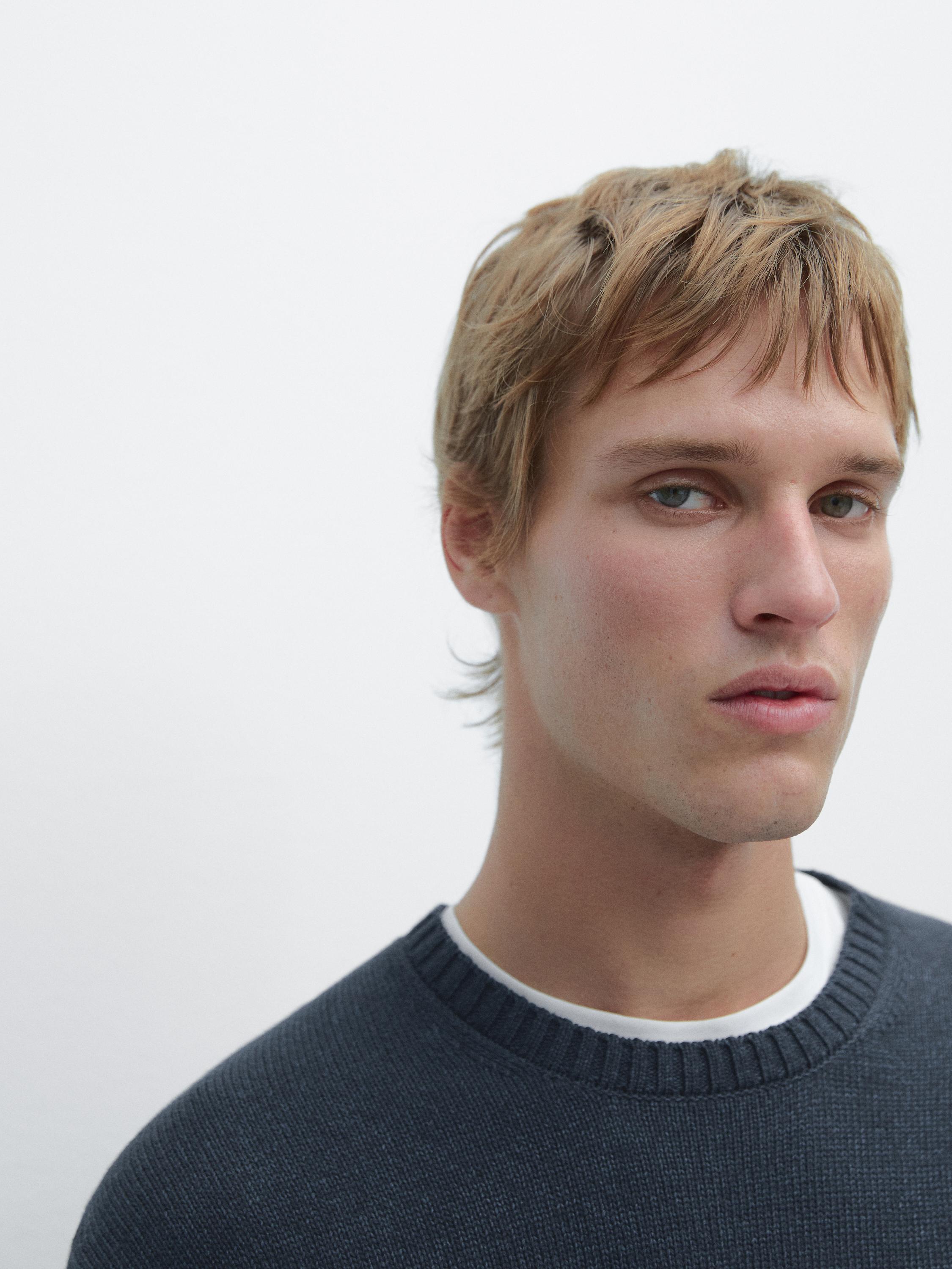 Denim-effect crew neck knit sweater