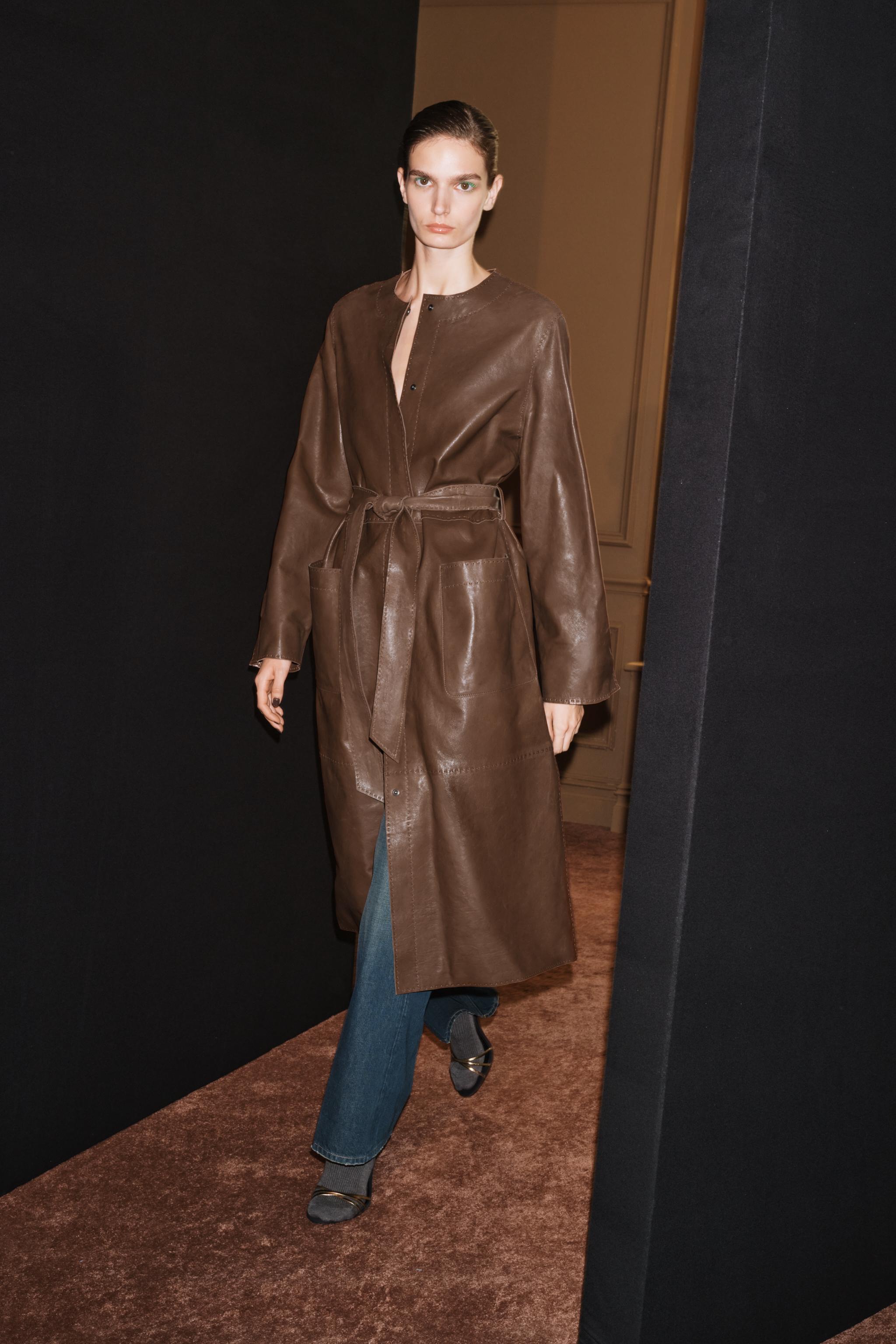 Zw Collection 100% Leather Midi Belted Coat by Zara