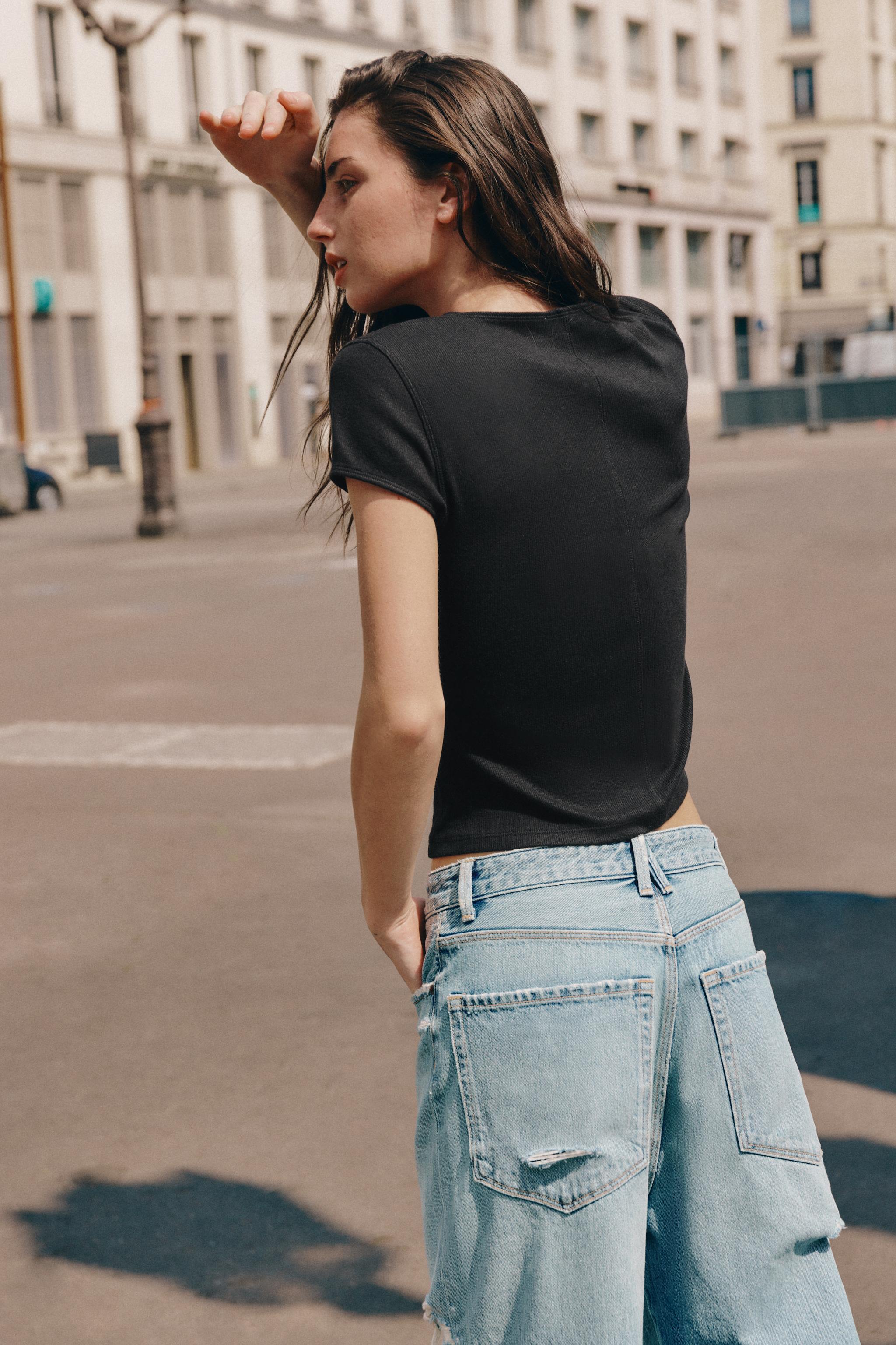 Женские футболки Zara BUTTONED RIBBED T-SHIRT — фото 3