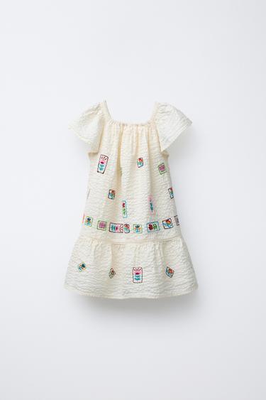 TEXTURED EMBROIDERED DRESS - Ecru by Zara