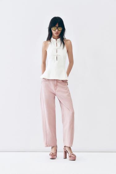 Zara ZW COLLECTION 中腰九分寬鬆牛仔褲 - 粉紅色